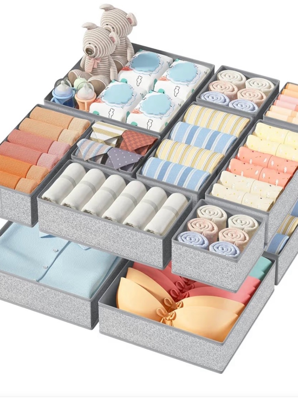 Gray Fabric Drawer Organizers - Set of 12 Compartment Storage Bins